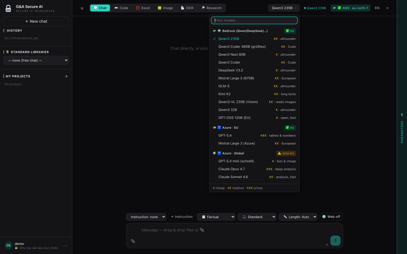 G&A Secure AI —— 带 EU / 非 EU 数据区徽标的模型选择器
