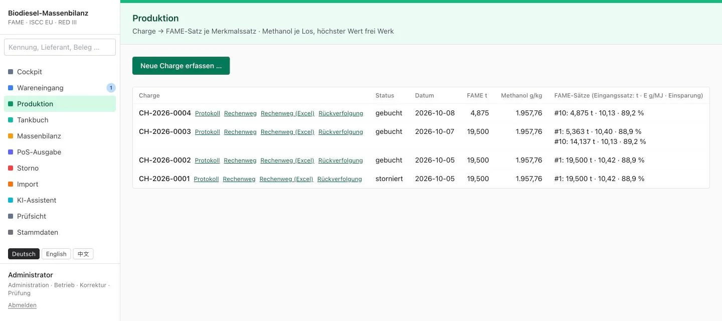 FeedstockTrace Biodiesel &mdash; Produktion mit THG-Wert je Eingangssatz