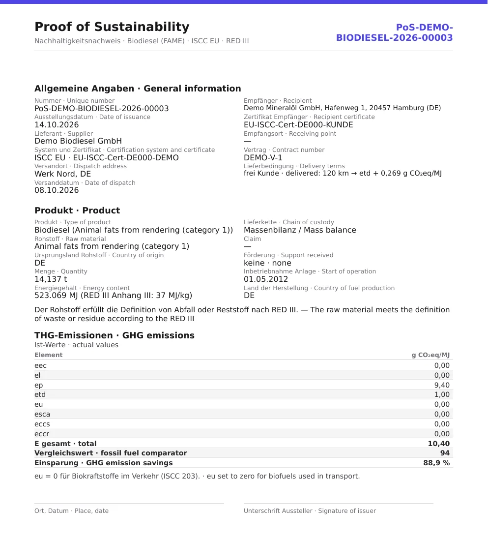 FeedstockTrace Biodiesel — Nachhaltigkeitsnachweis für Biodiesel (FAME), echtes PDF