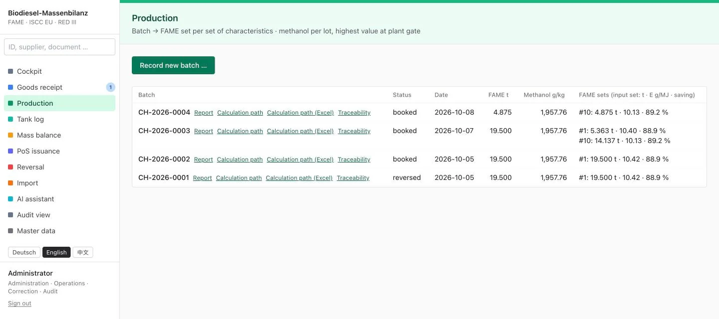 FeedstockTrace Biodiesel &mdash; production view with GHG value per input set