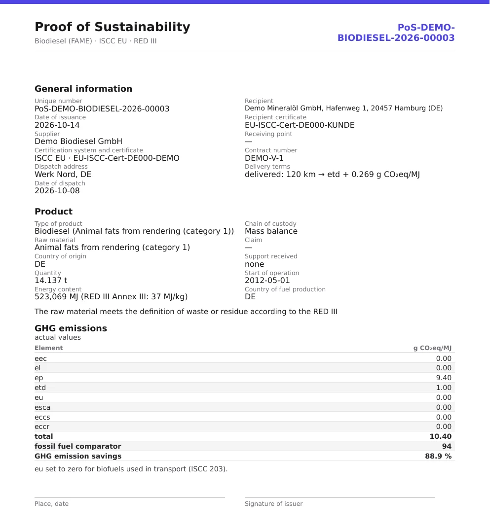 FeedstockTrace Biodiesel &mdash; Proof of Sustainability for biodiesel (FAME), real PDF