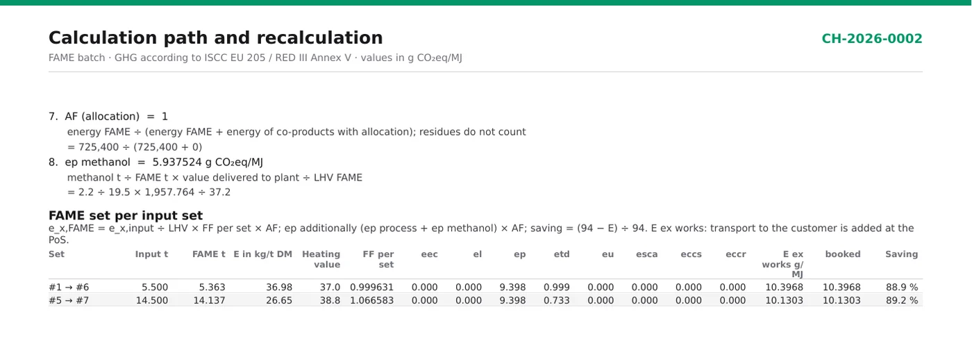 FeedstockTrace Biodiesel &mdash; calculation path: FAME set per input set with its own feedstock factor