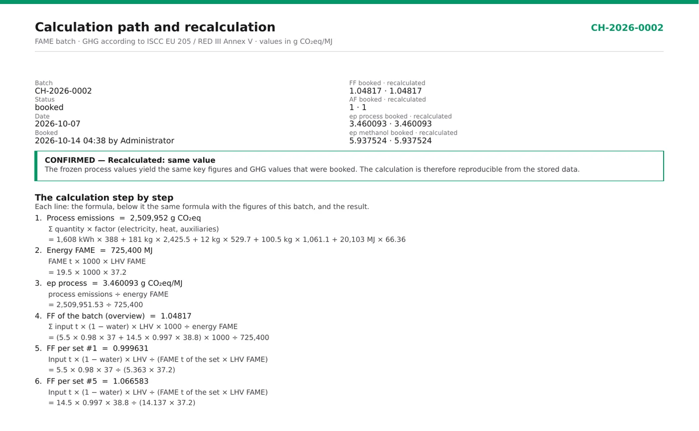 FeedstockTrace Biodiesel &mdash; calculation path: every step as formula and with the batch&rsquo;s numbers