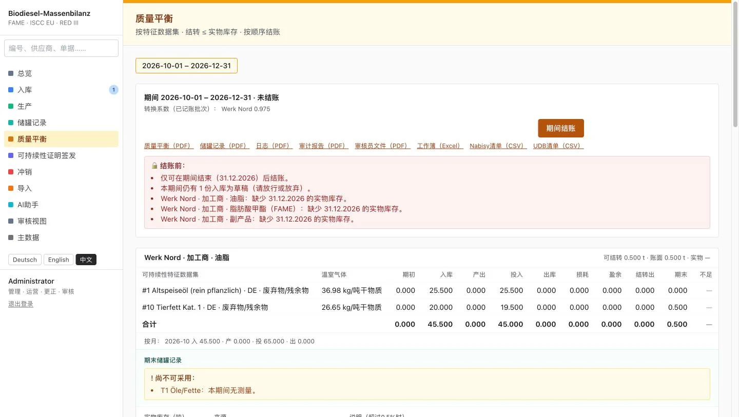 FeedstockTrace Biodiesel &mdash; 按特征数据集的质量平衡及结账检查