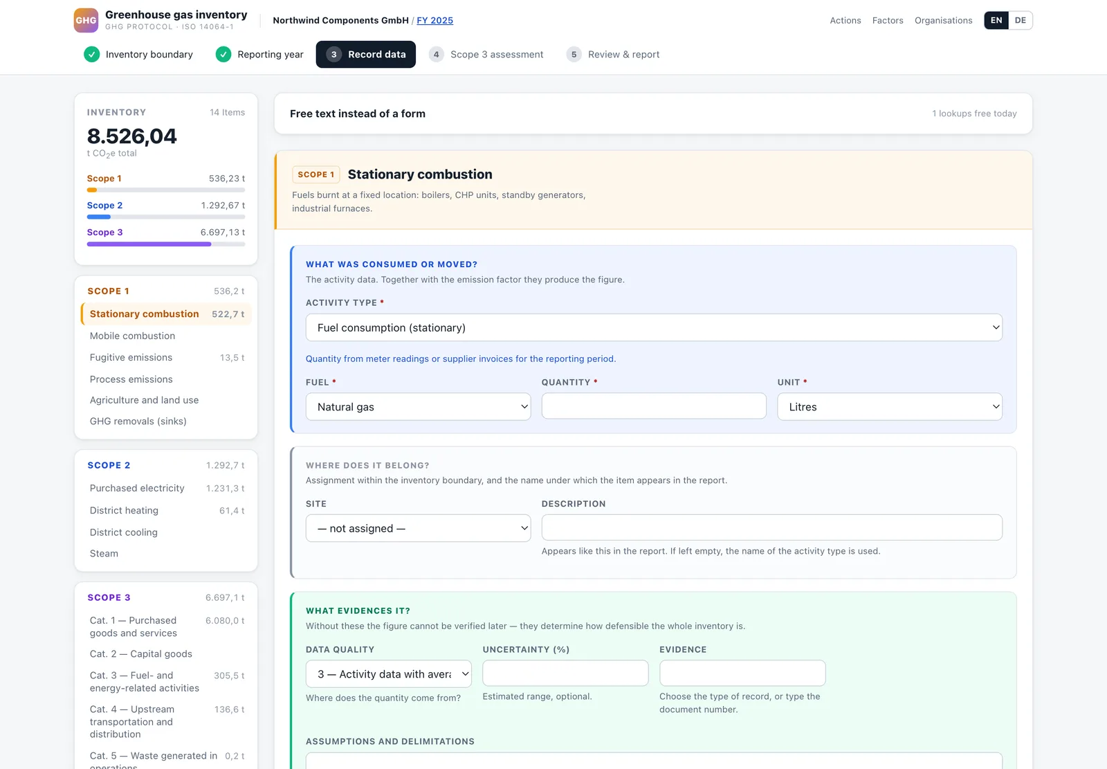 GHG Inventory &mdash; recording activity data per scope and category, with evidence and data quality